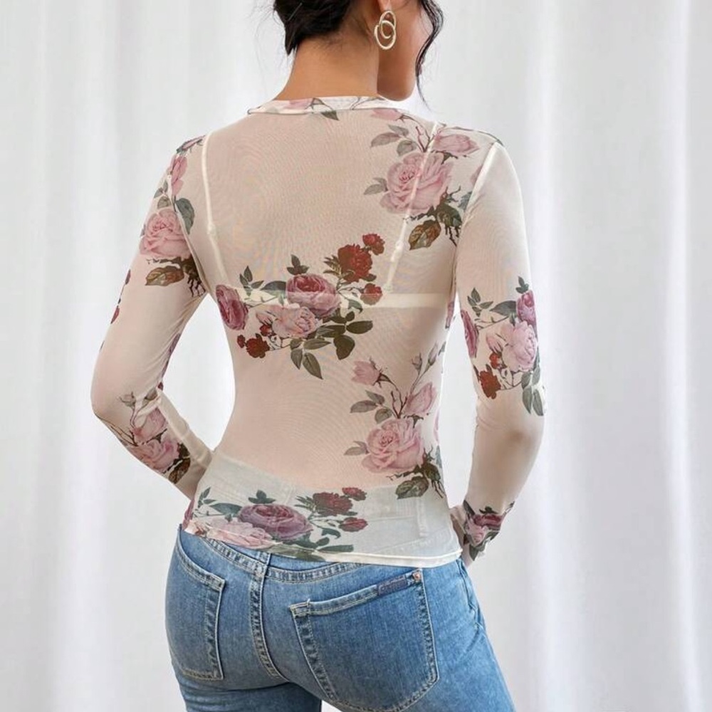 White Floral Mesh Sheet Shirt Long Sleeve, See-Through Top - Picture 2 of 6